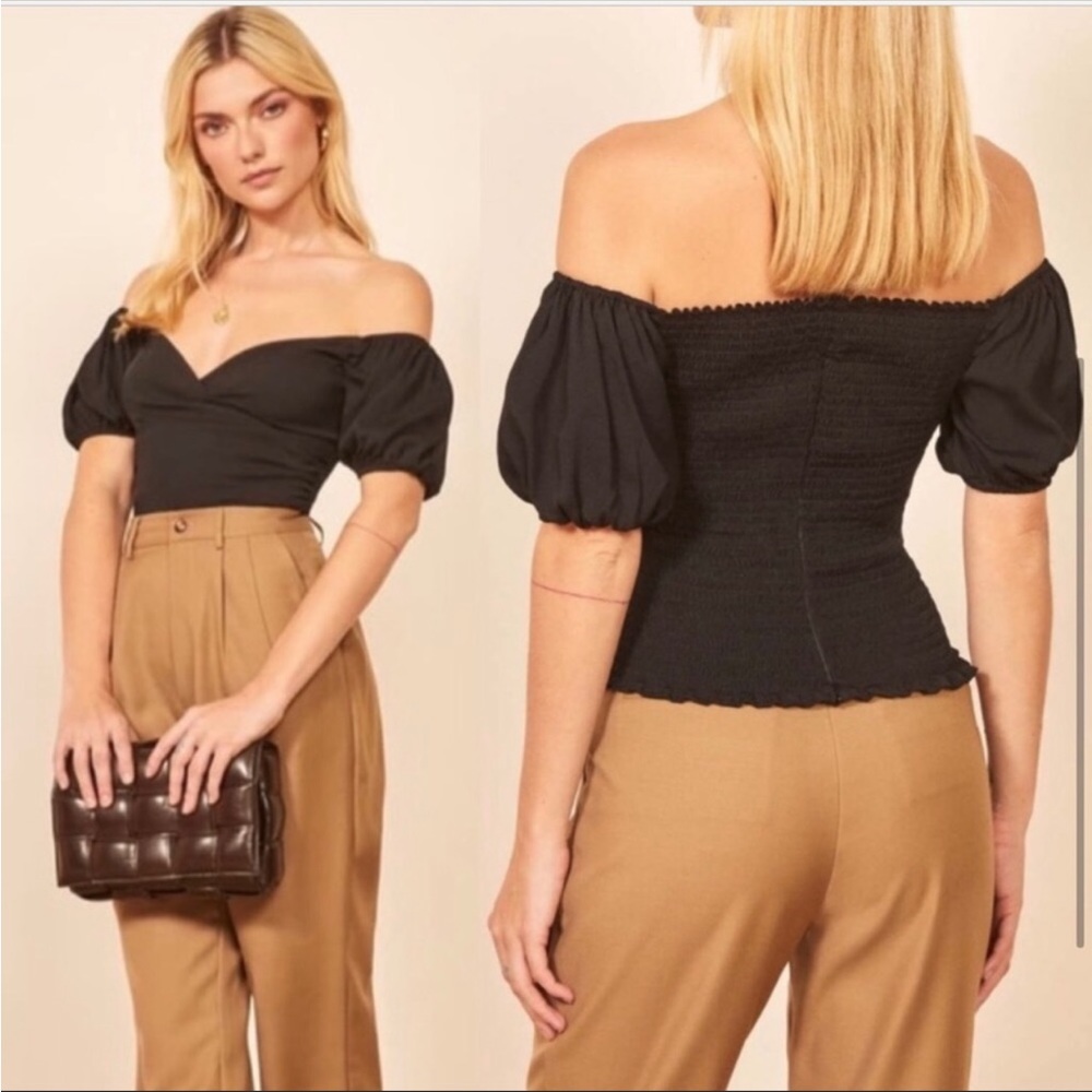 Reformation Lampone Top Black Puffed Sleeves Smocked Back